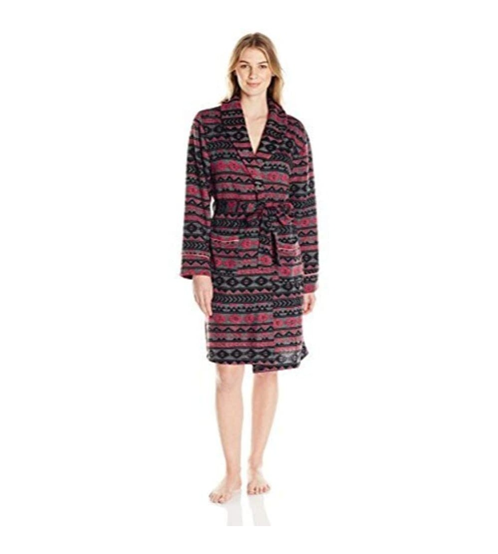 Robes Women's Printed Sweater Fleece Robe - Coral/Charcoal - C812N2JIAR0 $25.56