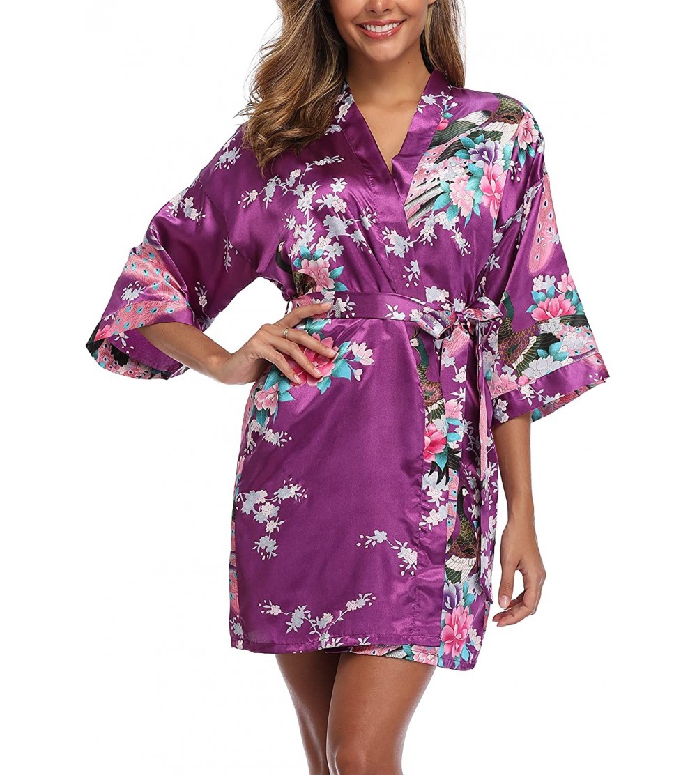 Robes Women's Satin Bridesmaid Kimono Robes Short Peacock and Floral Bathrobe - Dark Purple - CN18TXT65WA $12.28