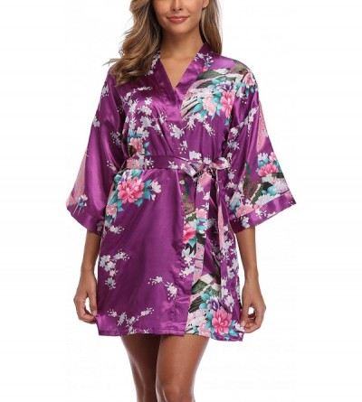 Robes Women's Satin Bridesmaid Kimono Robes Short Peacock and Floral Bathrobe - Dark Purple - CN18TXT65WA $12.28