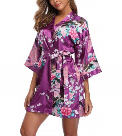 Robes Women's Satin Bridesmaid Kimono Robes Short Peacock and Floral Bathrobe - Dark Purple - CN18TXT65WA $12.28