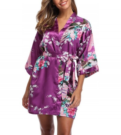 Robes Women's Satin Bridesmaid Kimono Robes Short Peacock and Floral Bathrobe - Dark Purple - CN18TXT65WA $12.28