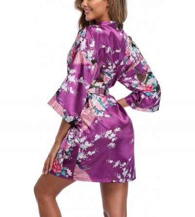 Robes Women's Satin Bridesmaid Kimono Robes Short Peacock and Floral Bathrobe - Dark Purple - CN18TXT65WA $12.28