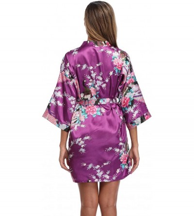 Robes Women's Satin Bridesmaid Kimono Robes Short Peacock and Floral Bathrobe - Dark Purple - CN18TXT65WA $12.28