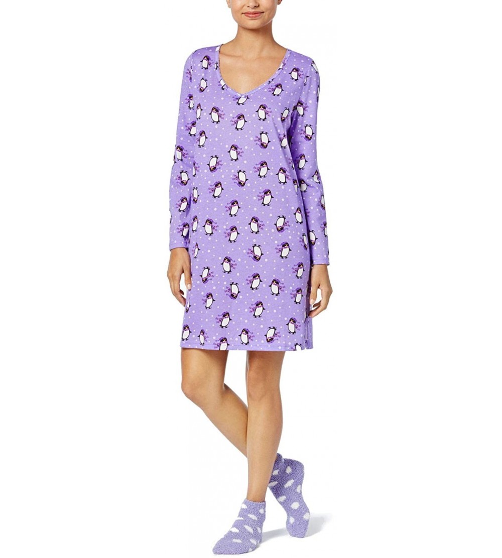 Nightgowns & Sleepshirts Club 100% Cotton Long Sleeve Sleepshirt - Pretty Penguin - C5195I4T24Y $21.39