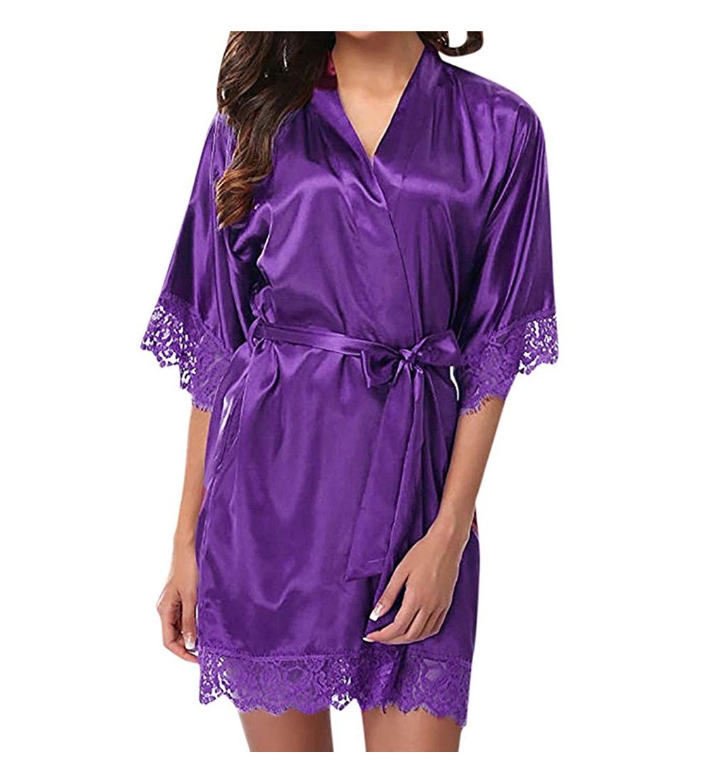 Robes Women's Ladies Kimono Short Lace Trim Kimono Robes Soft Silk Satin Bridesmaids Nightwear Loungewear - Purple - C1193C09...