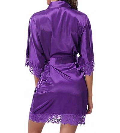 Robes Women's Ladies Kimono Short Lace Trim Kimono Robes Soft Silk Satin Bridesmaids Nightwear Loungewear - Purple - C1193C09...