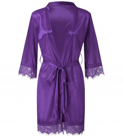 Robes Women's Ladies Kimono Short Lace Trim Kimono Robes Soft Silk Satin Bridesmaids Nightwear Loungewear - Purple - C1193C09...