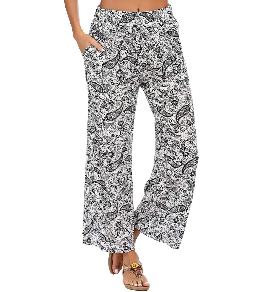 Bottoms Womens Palazzo Lounge Pants Wide Leg PJ Pants Printed Pajama Pants Summer Hawaiian Beach Pants with Pockets White - C...