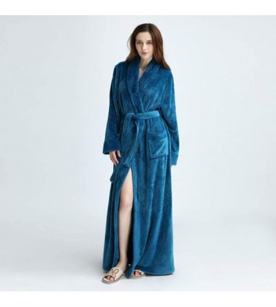 Robes Long Robes for Women Men Kimono Flannel Bathrobe Winter Loungewear Housecoat Sleepwear with Waistband Pockets Blue - CU...