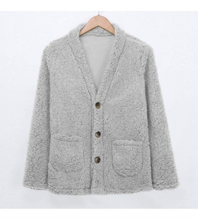 Tops Fleece Jacket Women Pullover Button up Fuzzy Warm Coat Shearling Sherpa Fluffy Outwear Cardigan Sweatshirt Pocket Gray -...