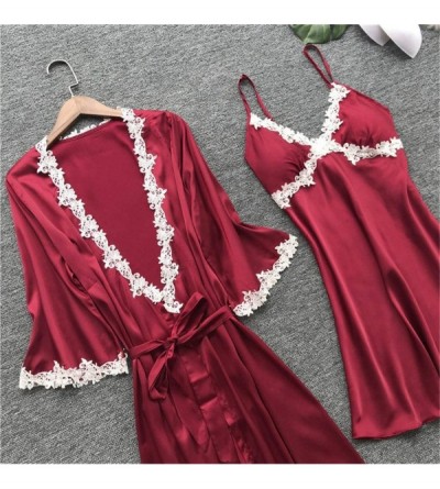 Sets Women's Lace Satin Pajama Set Lingerie Cami Shorts Pjs with Pants Babydoll Nightwear Dress 5pcs Suit - Wine - CK194EEMQN...