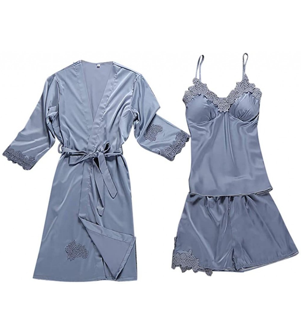 Sets Womens Elegant Gorgeous Floral Lace Edge Satin Robe Camisole Pajama Dress 3-Piece Sleepwear Sets - Gray - CS194MZIDGH $2...