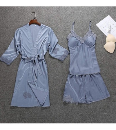 Sets Womens Elegant Gorgeous Floral Lace Edge Satin Robe Camisole Pajama Dress 3-Piece Sleepwear Sets - Gray - CS194MZIDGH $2...