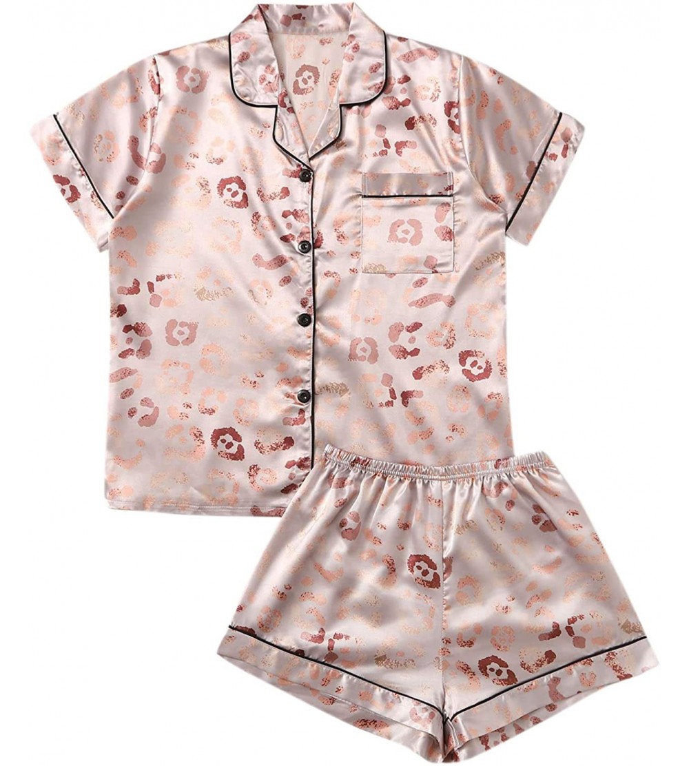 Sets Women's Short Sleeve Sleepwear Button Down Satin 2 Piece Pajama Set - Solid Pink - CK194TGE4Y5 $28.31