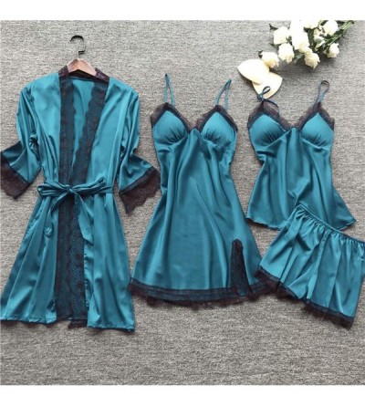 Nightgowns & Sleepshirts Women's 3Pcs Lingerie Satin Lace Chemise Nightgown Nightdress Pajama Set - Blue - C91949W8IQM $21.21