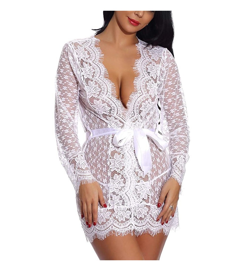 Nightgowns & Sleepshirts Women's Nightdress Sexy Lace Lingerie Solid Belt Sleepwear V-Neck Nightgown - White - CS1902YGEXZ $2...