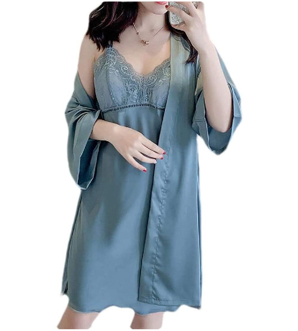 Robes 2 PCS Outfits Loungewear Spaghetti Strap Sleepdress Satin Robes - Lake Blue - CX19CT22ICD $32.42