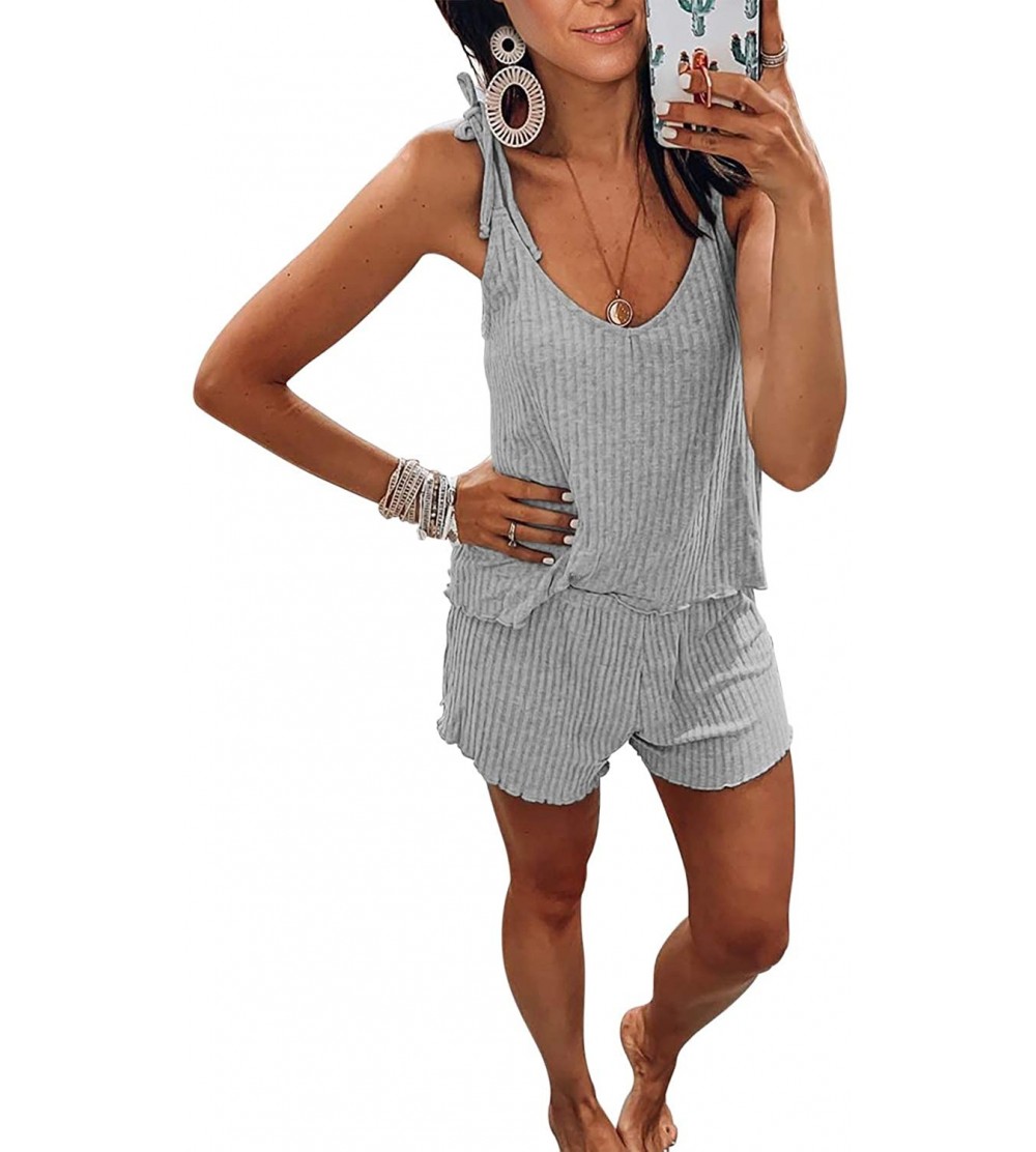 Sets Women's Shorts Pajama Set Waffle Knit Sleeveless Sleepwear Nightwear Pjs - Gray - C219848EQM7 $21.00