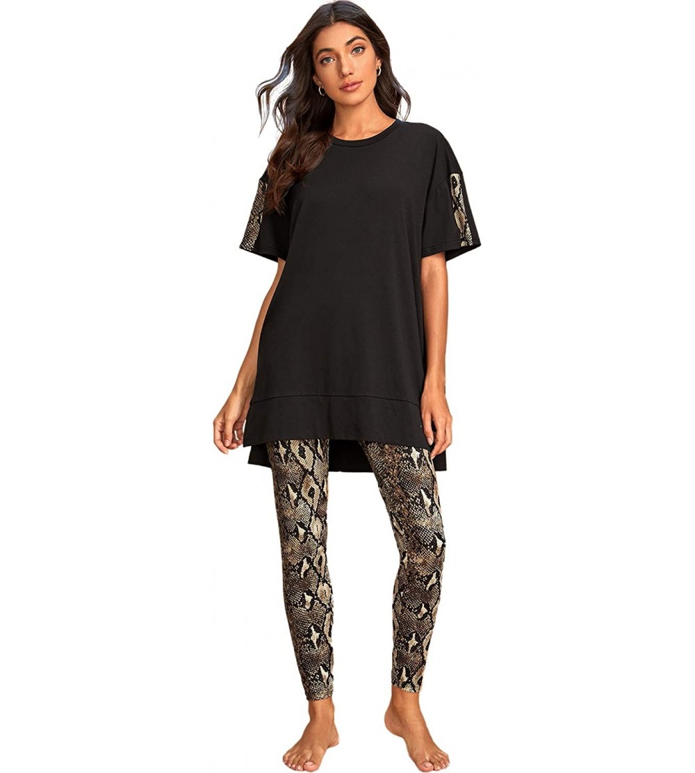 Sets Women's Kitty Cat Print Tee and Polka Dot Pants Pajama Set - Black Snakeskin - CA197Z9RO6Y $23.06