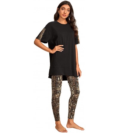 Sets Women's Kitty Cat Print Tee and Polka Dot Pants Pajama Set - Black Snakeskin - CA197Z9RO6Y $23.06