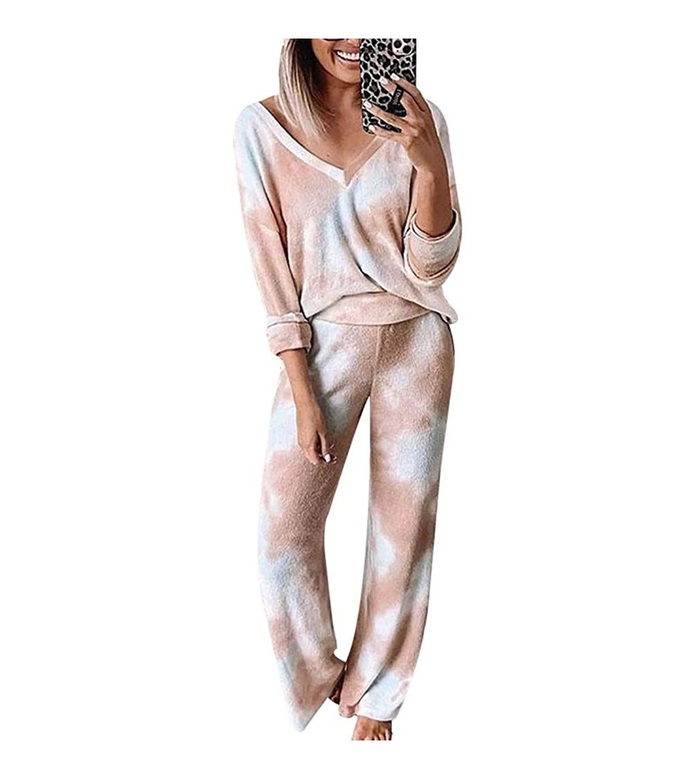 Sets Women Tie Dye Printed Fleece Pajamas Set Soft Winter Long Sleeve Tops and Pants Nightwear Sleepwear - Orange - CU1986SX8...