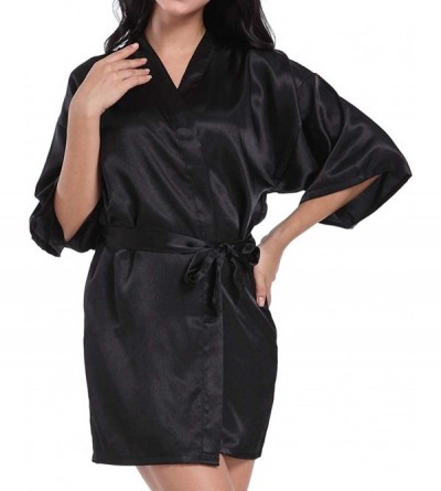 Robes Women Satin Robe Sexy V-Neck Pure Color Silky Kimono Bathrobe Nightgown Sleepwear - Black - CJ194TDZO80 $16.59