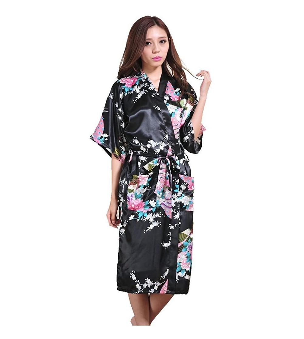 Robes Women Long Kimono Robe Peacock Satin Nightwear Peacock &Blossoms Pattern with Pocket - Black - CL183KDADRZ $20.23