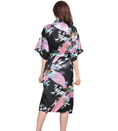 Robes Women Long Kimono Robe Peacock Satin Nightwear Peacock &Blossoms Pattern with Pocket - Black - CL183KDADRZ $20.23