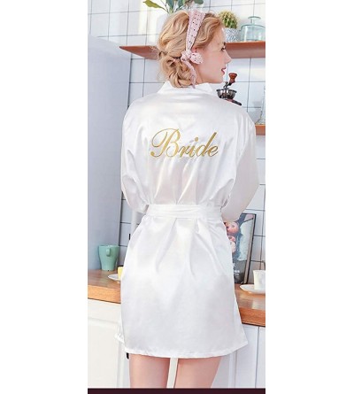 Robes Women's Pure Colour Short Satin Kimono Robes with Oblique V-Neck Bride - White - CO18U7AUZXL $23.52