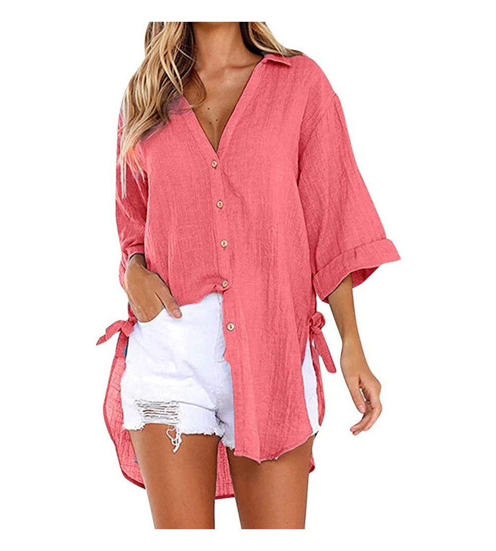 Thermal Underwear Women's Casual Button Dress Shirt Cotton Loose V-Neck Tunic Blouse Tops - Hot Pink - CI196045S5W $16.77