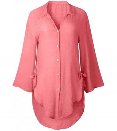 Thermal Underwear Women's Casual Button Dress Shirt Cotton Loose V-Neck Tunic Blouse Tops - Hot Pink - CI196045S5W $16.77