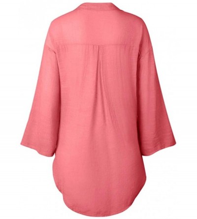 Thermal Underwear Women's Casual Button Dress Shirt Cotton Loose V-Neck Tunic Blouse Tops - Hot Pink - CI196045S5W $16.77