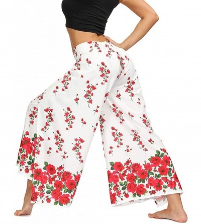 Bottoms Women's Boho Palazzo Slit Wide Leg Yoga Pants Summer Beach Bohemian Hippie Pants - White Floral - CS19D3EYR97 $23.71