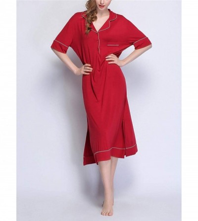 Nightgowns & Sleepshirts Womens Sleepwear Shirt Collar Nightshirt Modal Nightgown Loungewear - Red Short - CB18U3HAUDX $23.41