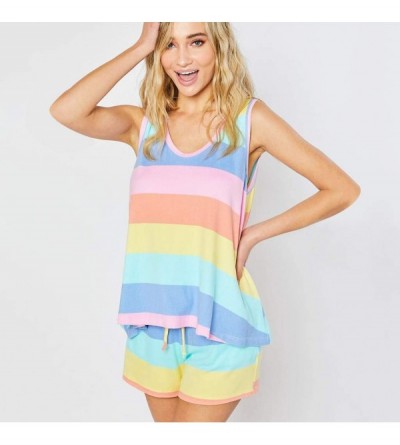 Sets Women's Casual Rainbow Stripe Sleepwear O Neck Sleeveless Tank Top and Drawstring Shorts Pajamas Set - Pink - CF198AZC5H...