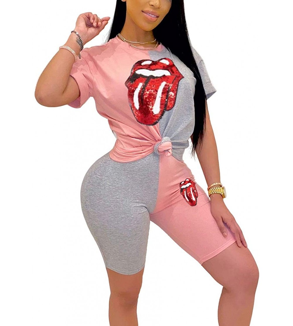 Sets Womens 2 Piece Shorts Set Lip Print Tracksuit Outfits Short Sleeve Shirts Tops and Bodycon Shorts Sets Pink grey - CR190...