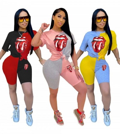 Sets Womens 2 Piece Shorts Set Lip Print Tracksuit Outfits Short Sleeve Shirts Tops and Bodycon Shorts Sets Pink grey - CR190...