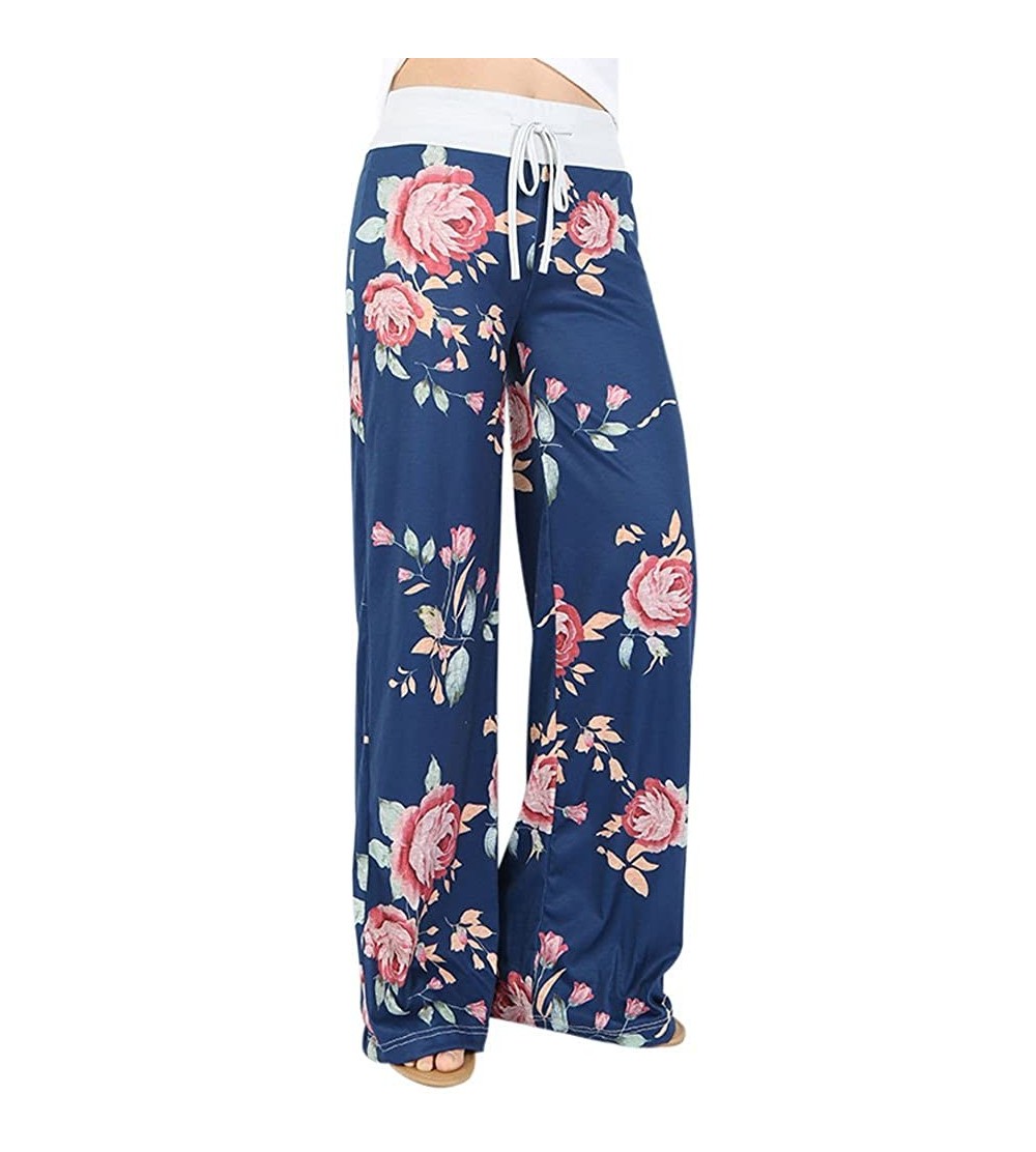 Bottoms Comfy Casual Pajama Pants Floral Print Drawstring Lounge Stretch Bottoms Palazzo Lounge Wide Leg - L-blue - CO1949A02...