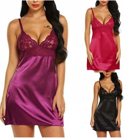 Nightgowns & Sleepshirts Women Sexy Lingeres Cami Nightdress V Neck Nightwear Satin Sleepwear Lace Chemise Mini Teddy for Sex...