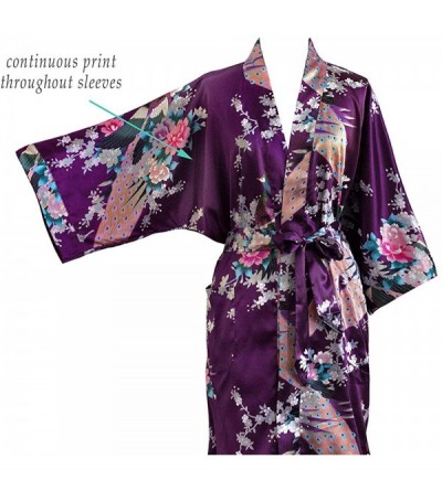 Robes Women's Satin Kimono Robe Short - Peacock & Blossoms - Black - CI11RH3SSYP $33.28