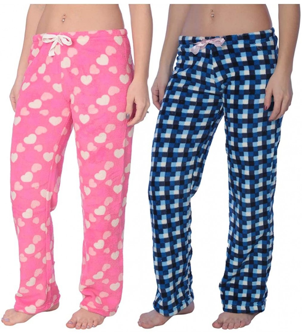 Bottoms 2 Pack Women's Pajama Plush Super-Soft Fleece Pajama/Lounge Pants - 2 Pack Blue Checkers / Hot Pink Love - CZ18LUR06X...