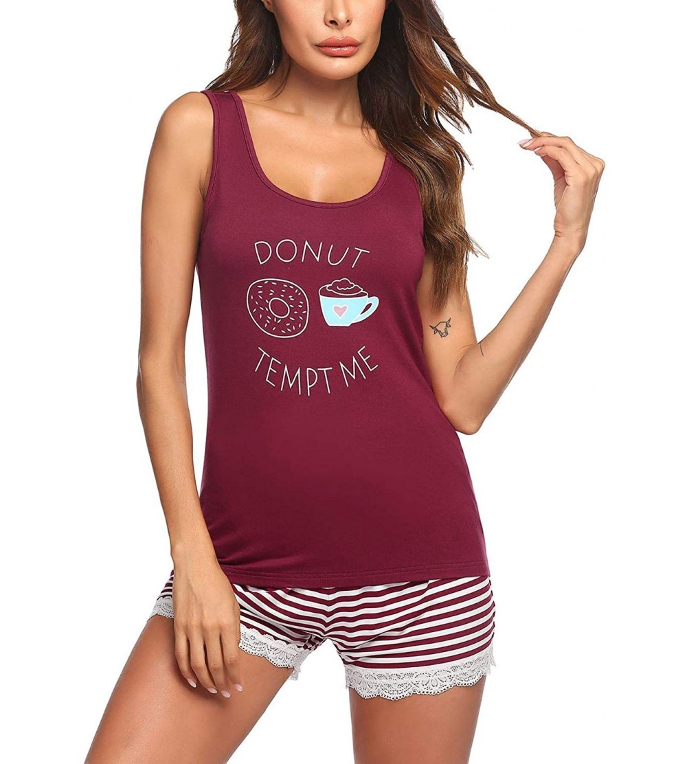 Sets Womens Pajama Set Sleeveless Tank Top and Shorts Pj Set Lace Hem Sleepwear - Wine Red - CP197NNHSN7 $19.09