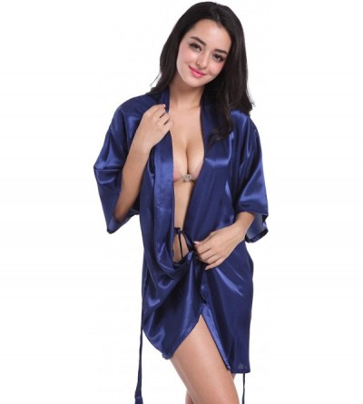 Robes Women's Kimono Robes Satin Pure Color Short Style Oblique V-Neck Robe Bridesmaid Wedding Short Sleeve - Navy Blue - CP1...