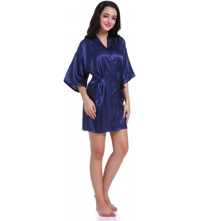 Robes Women's Kimono Robes Satin Pure Color Short Style Oblique V-Neck Robe Bridesmaid Wedding Short Sleeve - Navy Blue - CP1...