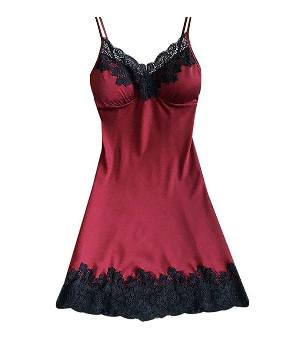 Nightgowns & Sleepshirts Sleepwear for Women Satin Sling Lace Nightdress Lingerie + Chest Pad - Wine - CC18O9C6UAH $9.85