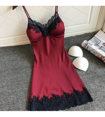 Nightgowns & Sleepshirts Sleepwear for Women Satin Sling Lace Nightdress Lingerie + Chest Pad - Wine - CC18O9C6UAH $9.85