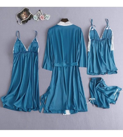 Robes 4PC Women Satin Lace Camisole Bowknot Shorts Nightdress Robe Pajamas Lingerie - Blue - CQ194TLAM2I $25.69