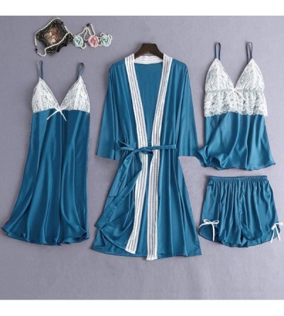 Robes 4PC Women Satin Lace Camisole Bowknot Shorts Nightdress Robe Pajamas Lingerie - Blue - CQ194TLAM2I $25.69