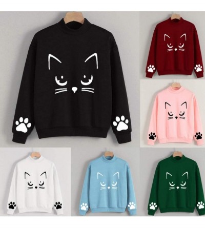 Thermal Underwear Women Casual Solid Cat Print Long Sleeve Hoodie Sweatshirt Hooded Pullover Tops Blouse - B-green - CS193ZLZ...