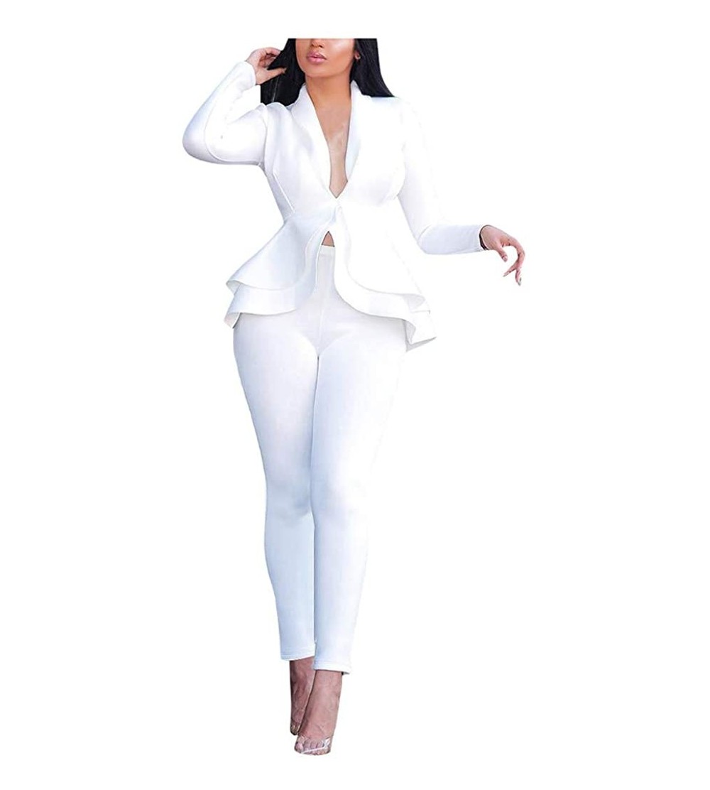 Thermal Underwear Womens 2 Piece Outfits-Mesh Patchwork Long Sleeve Blazer Jacket Wide Leg Long Pants Suits - White - CJ193OR...